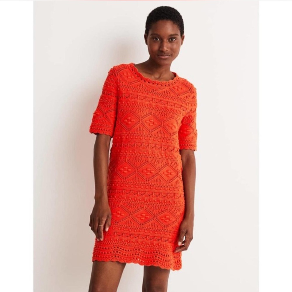 NWT Boden Claudia Orange Red Knitted Crochet Short Sleeve Mini Dress 2R